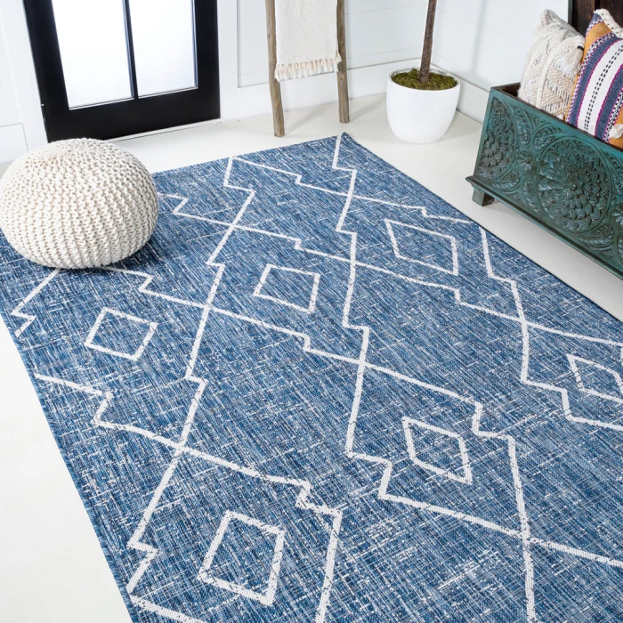 Carwa Tribal Diamond Trellis Blue/Ivory 3 ft. x 5 ft. Indoor/Outdoor Area Rug