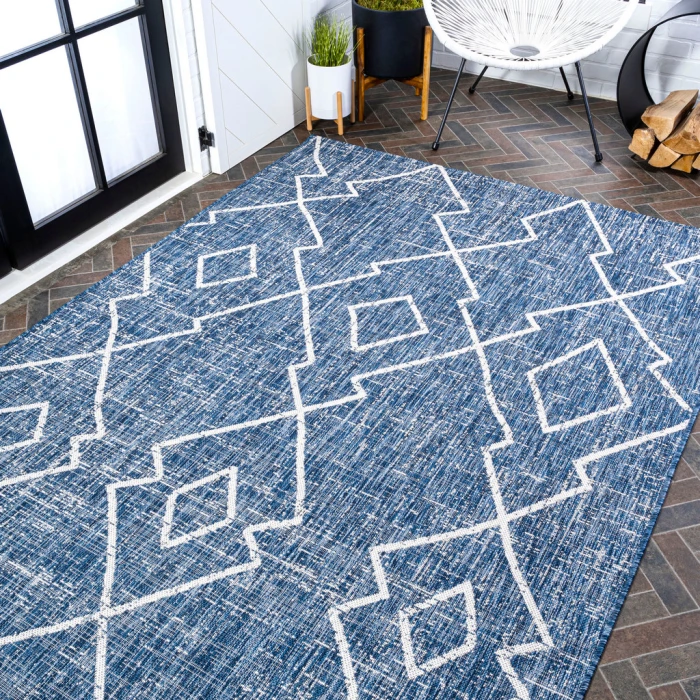 Carwa Tribal Diamond Trellis Blue/Ivory 3 ft. x 5 ft. Indoor/Outdoor Area Rug