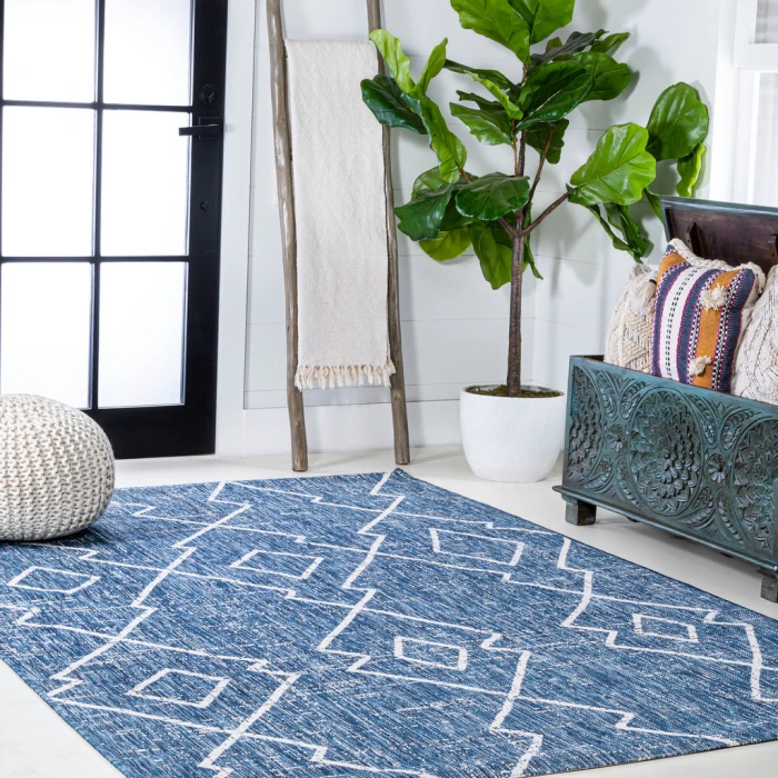 Carwa Tribal Diamond Trellis Blue/Ivory 3 ft. x 5 ft. Indoor/Outdoor Area Rug