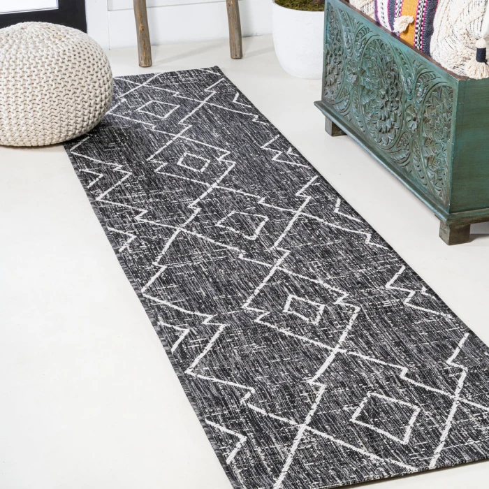 Carwa Tribal Diamond Trellis Black/Ivory 2 ft. x 10 ft. Indoor/Outdoor Runner Rug