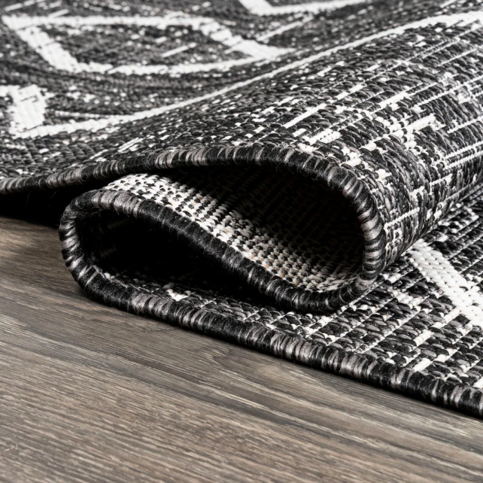 Carwa Tribal Diamond Trellis Black/Ivory 2 ft. x 10 ft. Indoor/Outdoor Runner Rug