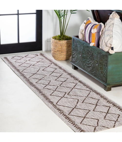 Derya Tribal Diamond Trellis Beige/Brown 2 ft. x 10 ft. Indoor/Outdoor Runner Rug