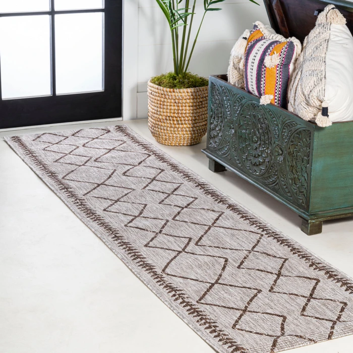 Derya Tribal Diamond Trellis Beige/Brown 2 ft. x 8 ft. Indoor/Outdoor Runner Rug