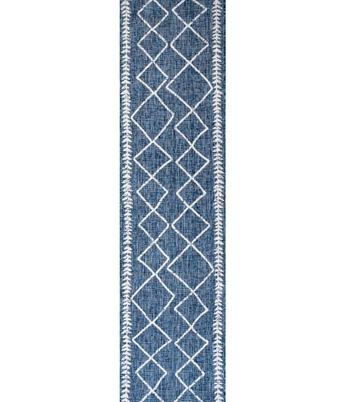 Derya Tribal Diamond Trellis Blue/Ivory 2 ft. x 10 ft. Indoor/Outdoor Runner Rug