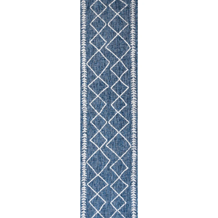 Derya Tribal Diamond Trellis Blue/Ivory 2 ft. x 8 ft. Indoor/Outdoor Runner Rug
