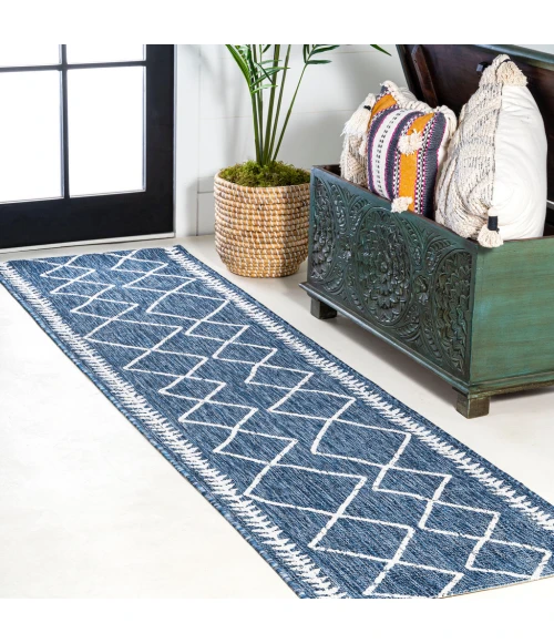 Derya Tribal Diamond Trellis Blue/Ivory 2 ft. x 10 ft. Indoor/Outdoor Runner Rug