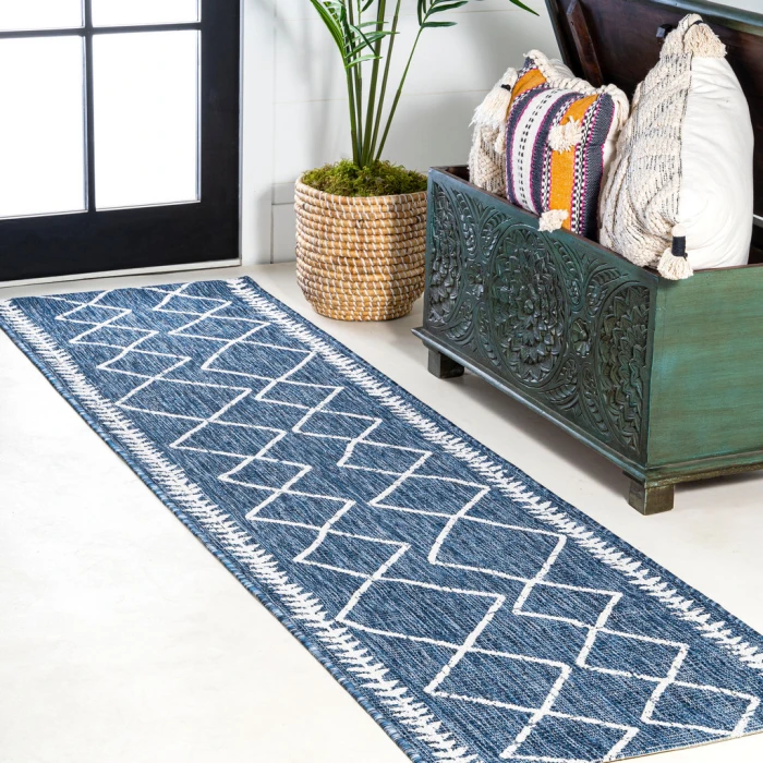Derya Tribal Diamond Trellis Blue/Ivory 2 ft. x 8 ft. Indoor/Outdoor Runner Rug
