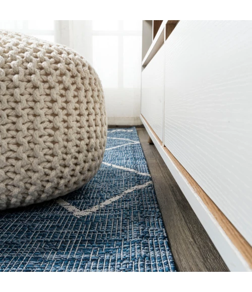Derya Tribal Diamond Trellis Blue/Ivory 2 ft. x 10 ft. Indoor/Outdoor Runner Rug