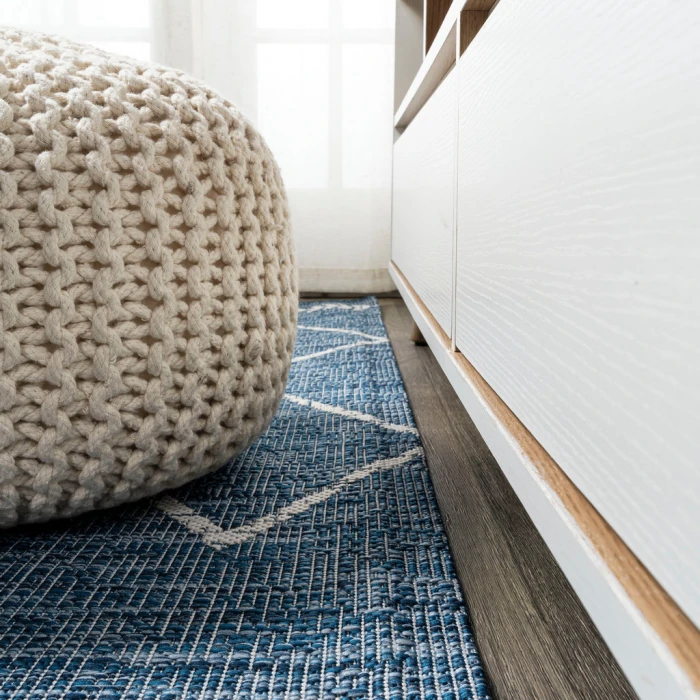 Derya Tribal Diamond Trellis Blue/Ivory 2 ft. x 8 ft. Indoor/Outdoor Runner Rug