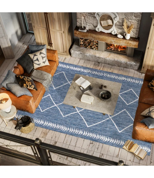 Derya Tribal Diamond Trellis Blue/Ivory 4 ft. x 6 ft. Indoor/Outdoor Area Rug