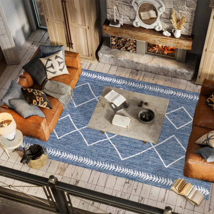 Derya Tribal Diamond Trellis Blue/Ivory 5 ft. x 8 ft. Indoor/Outdoor Area Rug