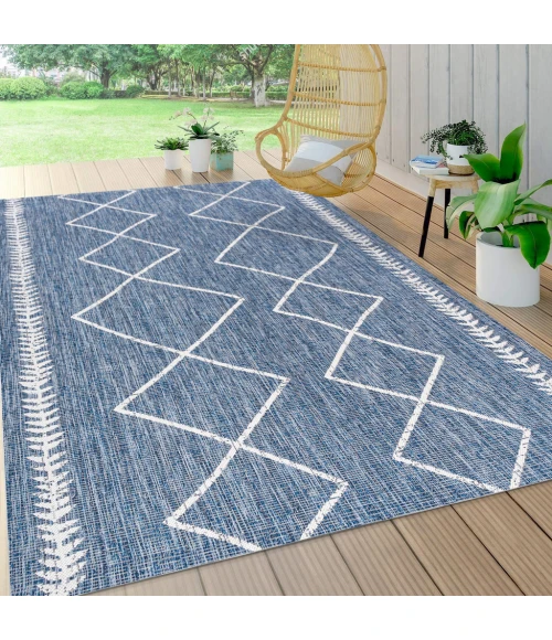 Derya Tribal Diamond Trellis Blue/Ivory 4 ft. x 6 ft. Indoor/Outdoor Area Rug