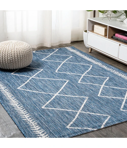 Derya Tribal Diamond Trellis Blue/Ivory 4 ft. x 6 ft. Indoor/Outdoor Area Rug