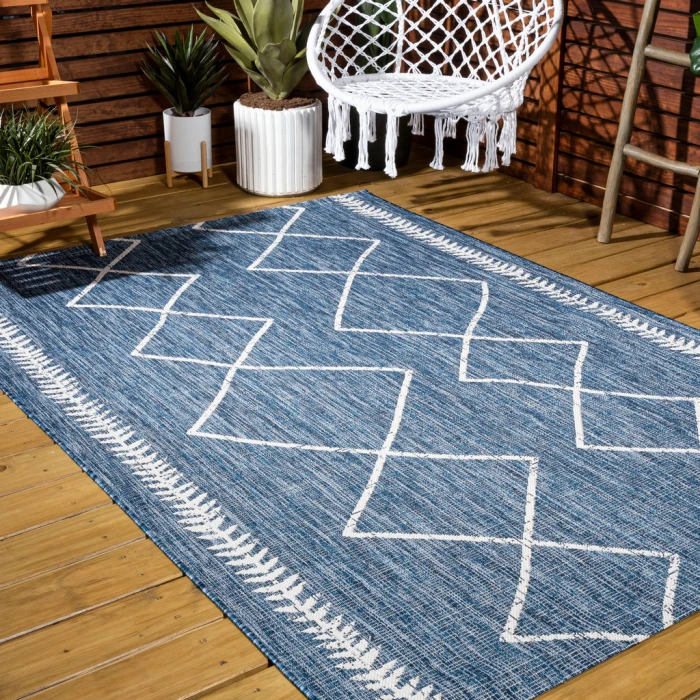 Derya Tribal Diamond Trellis Blue/Ivory 5 ft. x 8 ft. Indoor/Outdoor Area Rug
