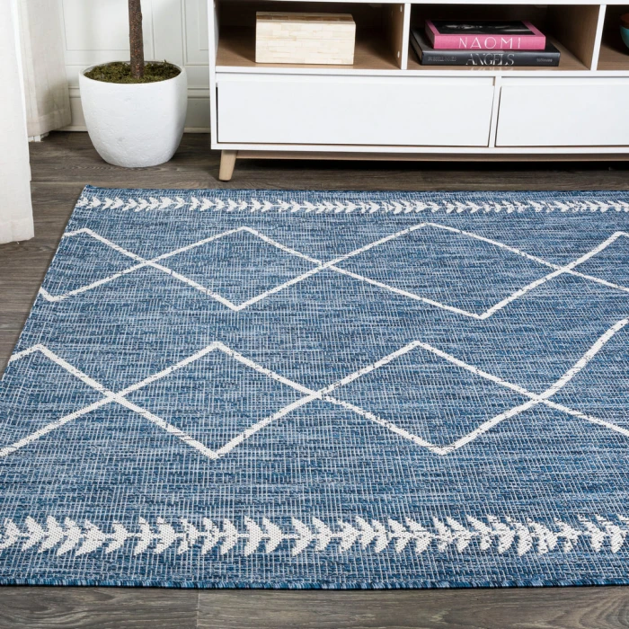 Derya Tribal Diamond Trellis Blue/Ivory 5 ft. x 8 ft. Indoor/Outdoor Area Rug