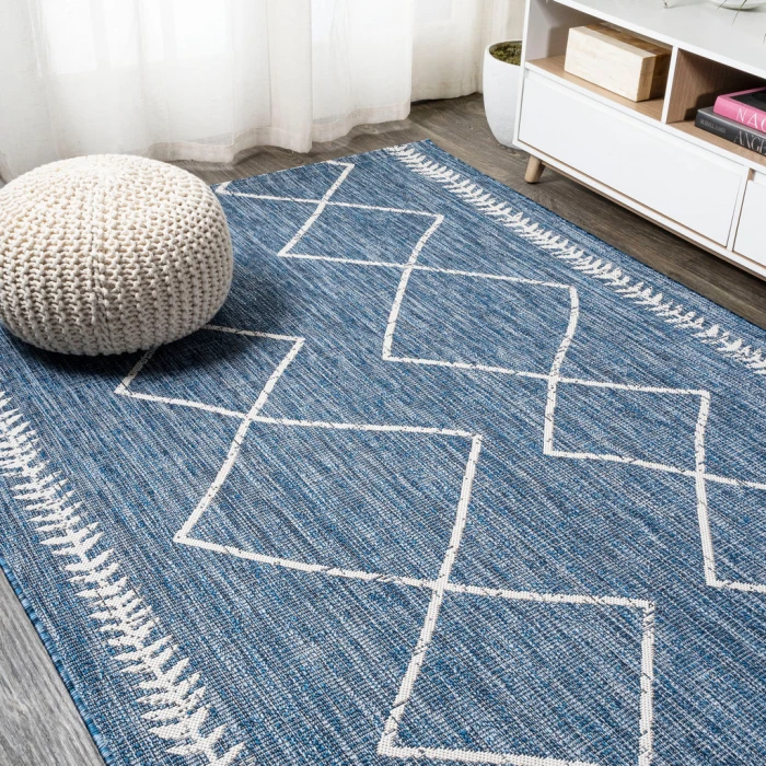 Derya Tribal Diamond Trellis Blue/Ivory 5 ft. x 8 ft. Indoor/Outdoor Area Rug