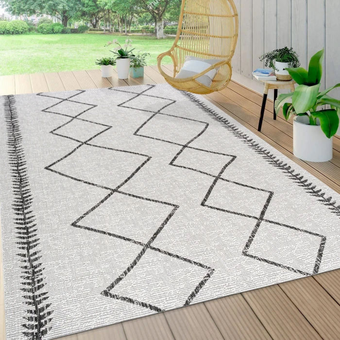 Derya Tribal Diamond Trellis Ivory/Black 8 ft. x 10 ft. Indoor/Outdoor Area Rug