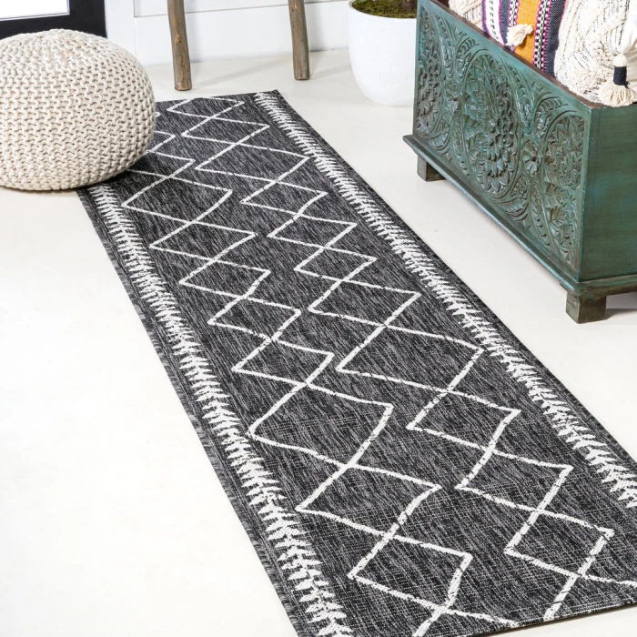 Derya Tribal Diamond Trellis Black/Ivory 2 ft. x 8 ft. Indoor/Outdoor Runner Rug