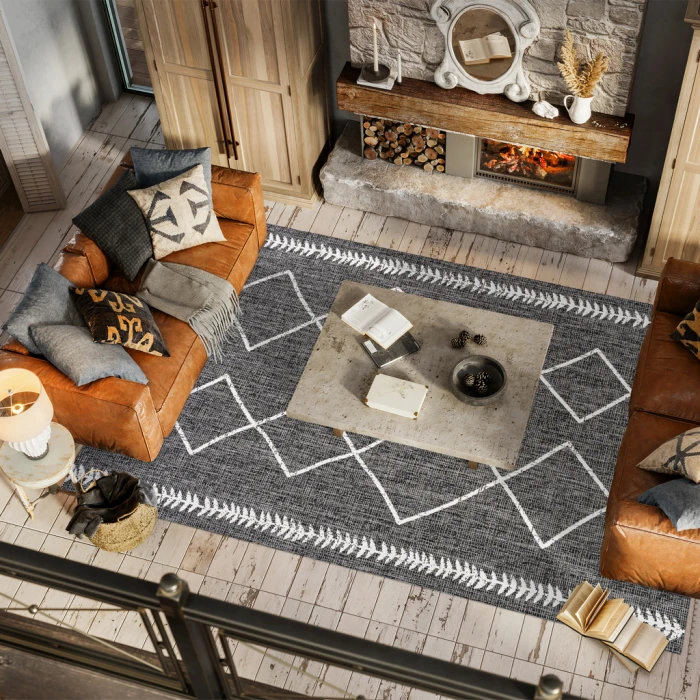 Derya Tribal Diamond Trellis Black/Ivory 5 ft. x 8 ft. Indoor/Outdoor Area Rug