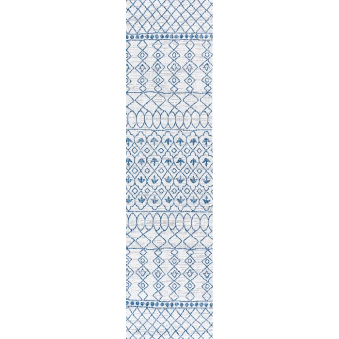 Kafel Tribal Bohemian Ivory/Blue 2 ft. x 8 ft. Indoor/Outdoor Runner Rug