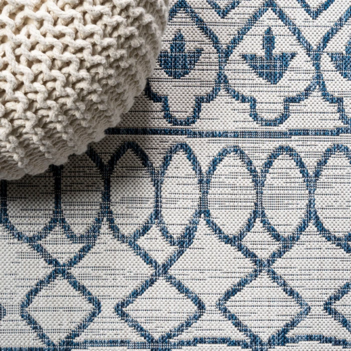 Kafel Tribal Bohemian Ivory/Blue 2 ft. x 8 ft. Indoor/Outdoor Runner Rug