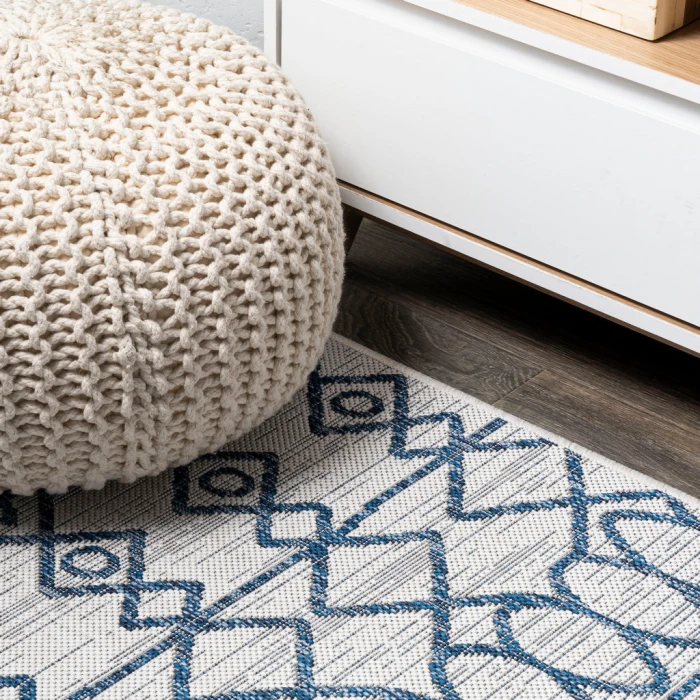 Kafel Tribal Bohemian Ivory/Blue 2 ft. x 8 ft. Indoor/Outdoor Runner Rug
