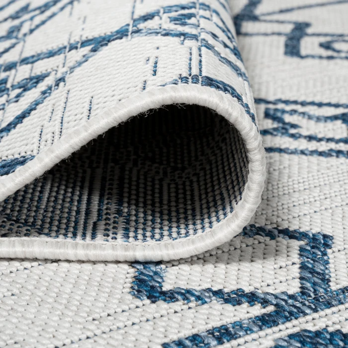 Kafel Tribal Bohemian Ivory/Blue 2 ft. x 8 ft. Indoor/Outdoor Runner Rug