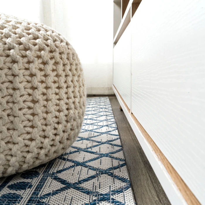 Kafel Tribal Bohemian Ivory/Blue 2 ft. x 8 ft. Indoor/Outdoor Runner Rug