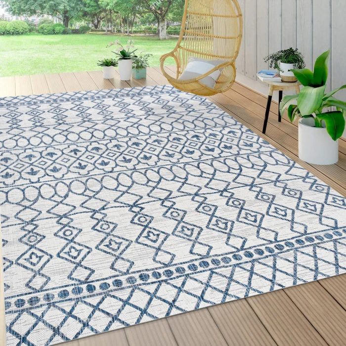 Kafel Tribal Bohemian Ivory/Blue 4 ft. x 6 ft. Indoor/Outdoor Area Rug