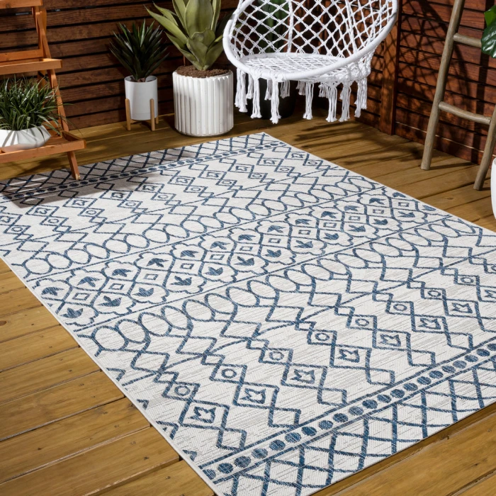 Kafel Tribal Bohemian Ivory/Blue 4 ft. x 6 ft. Indoor/Outdoor Area Rug