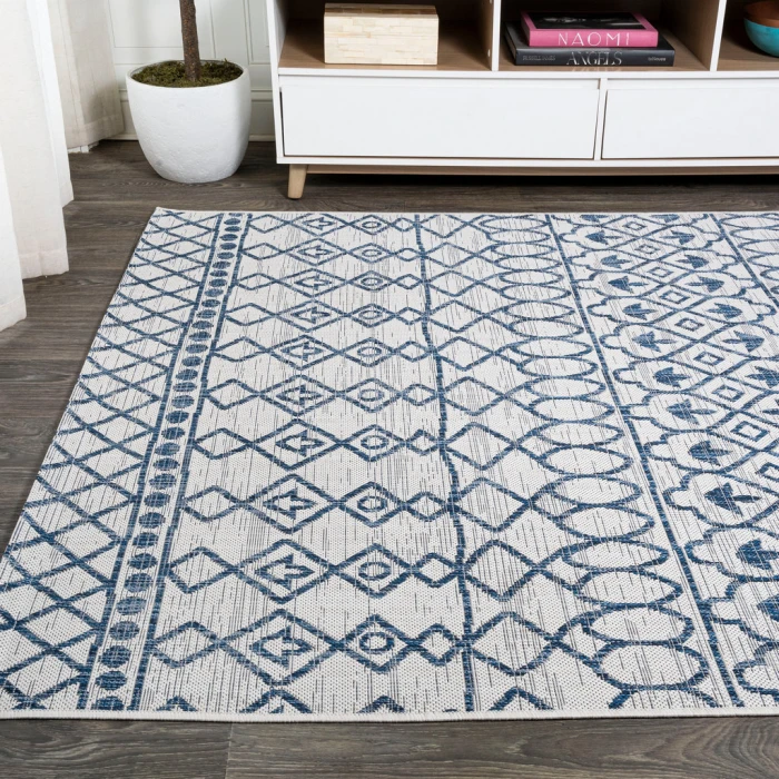 Kafel Tribal Bohemian Ivory/Blue 4 ft. x 6 ft. Indoor/Outdoor Area Rug