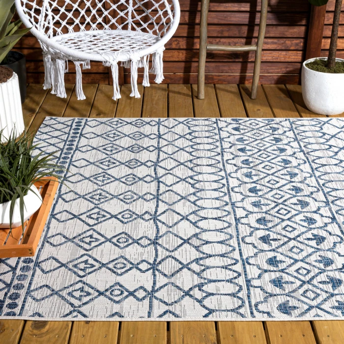 Kafel Tribal Bohemian Ivory/Blue 4 ft. x 6 ft. Indoor/Outdoor Area Rug