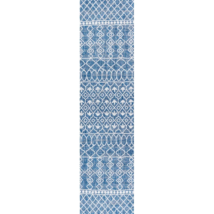 Kafel Tribal Bohemian Blue/Ivory 2 ft. x 10 ft. Indoor/Outdoor Runner Rug