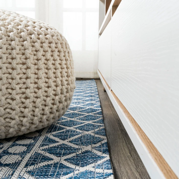 Kafel Tribal Bohemian Blue/Ivory 2 ft. x 10 ft. Indoor/Outdoor Runner Rug