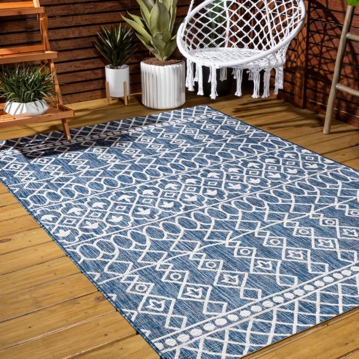 Kafel Tribal Bohemian Blue/Ivory 3 ft. x 5 ft. Indoor/Outdoor Area Rug