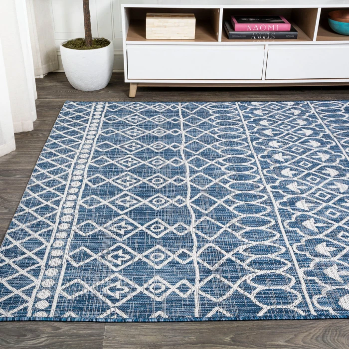 Kafel Tribal Bohemian Blue/Ivory 3 ft. x 5 ft. Indoor/Outdoor Area Rug