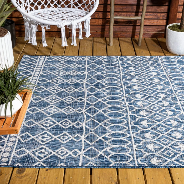 Kafel Tribal Bohemian Blue/Ivory 3 ft. x 5 ft. Indoor/Outdoor Area Rug