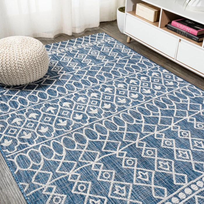 Kafel Tribal Bohemian Blue/Ivory 3 ft. x 5 ft. Indoor/Outdoor Area Rug