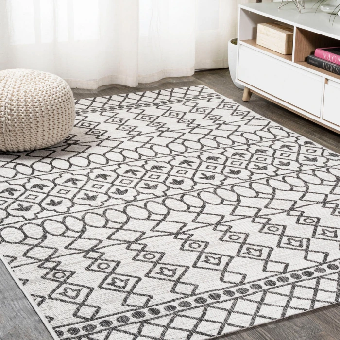 Kafel Tribal Bohemian Ivory/Black 8 ft. x 10 ft. Indoor/Outdoor Area Rug