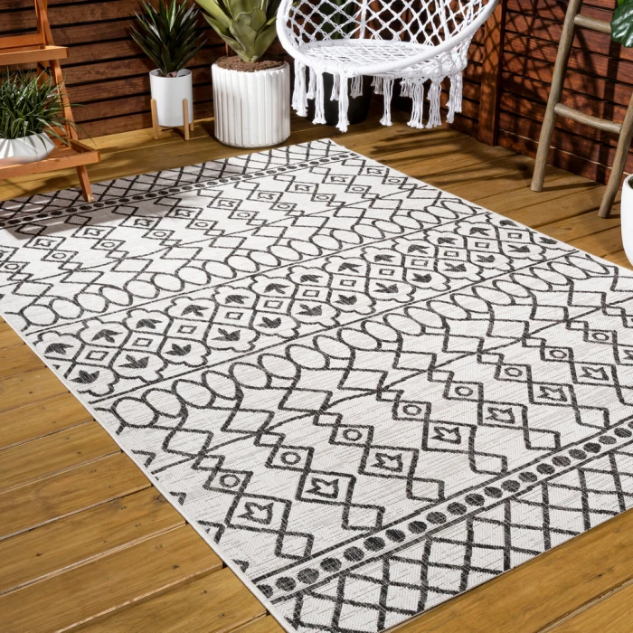 Kafel Tribal Bohemian Ivory/Black 8 ft. x 10 ft. Indoor/Outdoor Area Rug