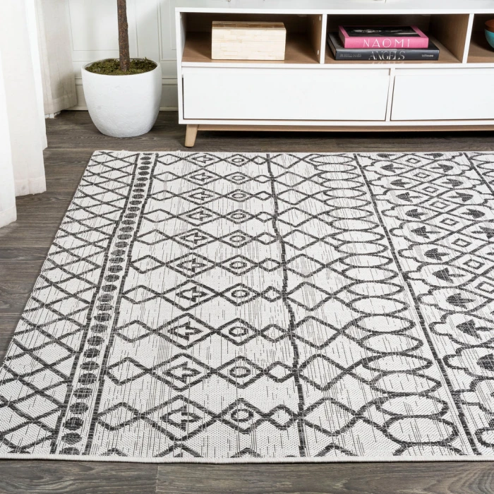 Kafel Tribal Bohemian Ivory/Black 8 ft. x 10 ft. Indoor/Outdoor Area Rug