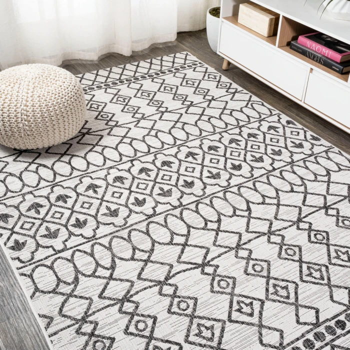 Kafel Tribal Bohemian Ivory/Black 8 ft. x 10 ft. Indoor/Outdoor Area Rug