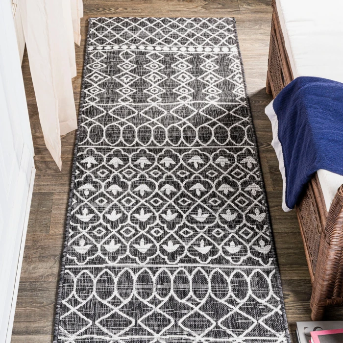 Kafel Tribal Bohemian Black/Ivory 2 ft. x 10 ft. Indoor/Outdoor Runner Rug