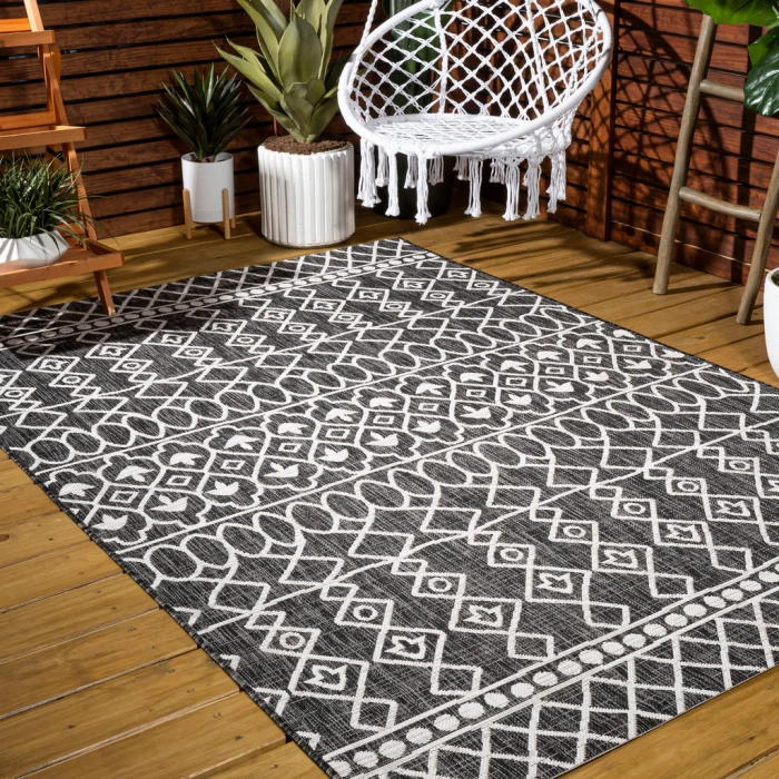 Kafel Tribal Bohemian Black/Ivory 4 ft. x 6 ft. Indoor/Outdoor Area Rug