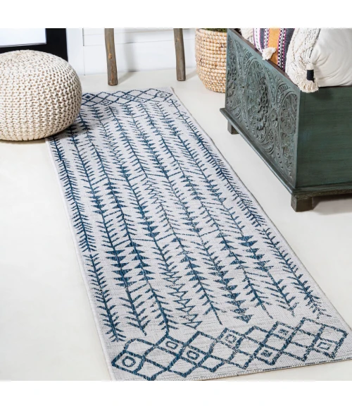 Tokay Bohemian Geometric Ivory/Blue 2 ft. x 10 ft. Indoor/Outdoor Runner Rug