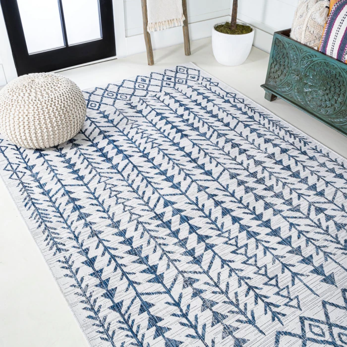 Tokay Bohemian Geometric Ivory/Blue 3 ft. x 5 ft. Indoor/Outdoor Area Rug