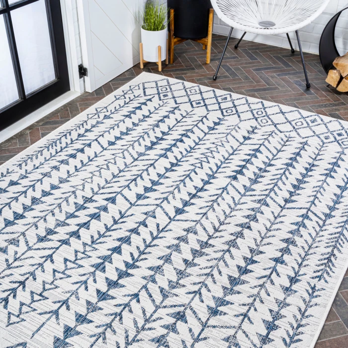 Tokay Bohemian Geometric Ivory/Blue 3 ft. x 5 ft. Indoor/Outdoor Area Rug