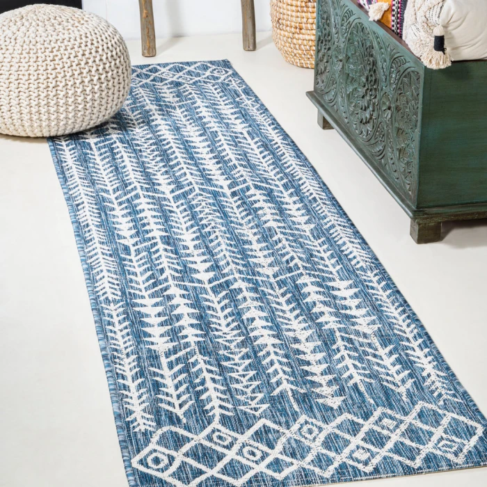 Tokay Bohemian Geometric Blue/Ivory 2 ft. x 10 ft. Indoor/Outdoor Runner Rug
