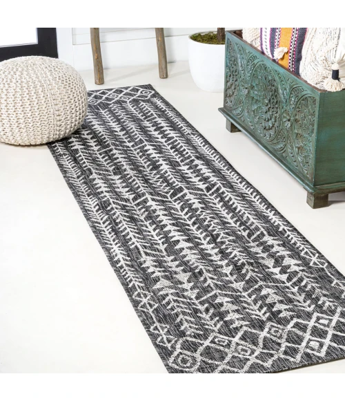 Tokay Bohemian Geometric Black/Ivory 2 ft. x 10 ft. Indoor/Outdoor Runner Rug