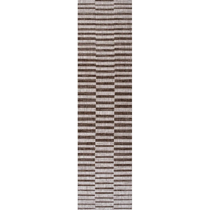 Sukie Modern Offset Stripe Beige/Brown 2 ft. x 8 ft. Indoor/Outdoor Runner Rug